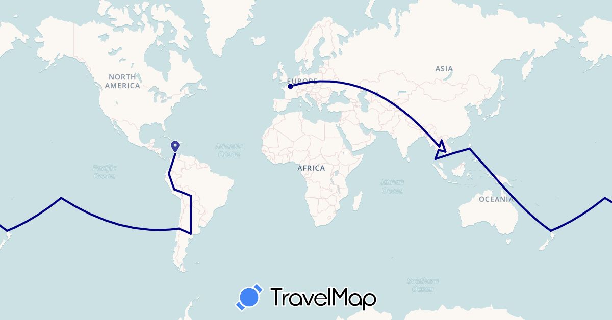 TravelMap itinerary: driving in Argentina, Bolivia, Chile, Colombia, Ecuador, France, Cambodia, Laos, New Zealand, Peru, French Polynesia, Philippines, Thailand (Asia, Europe, Oceania, South America)
